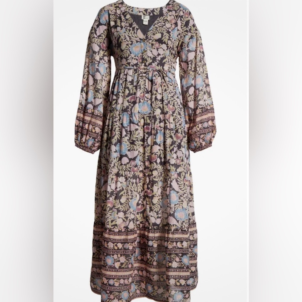 Billabong Long Balloon Sleeve Maxi Dress Fairy‎ Bohemian Floral Peasant Milkmaid